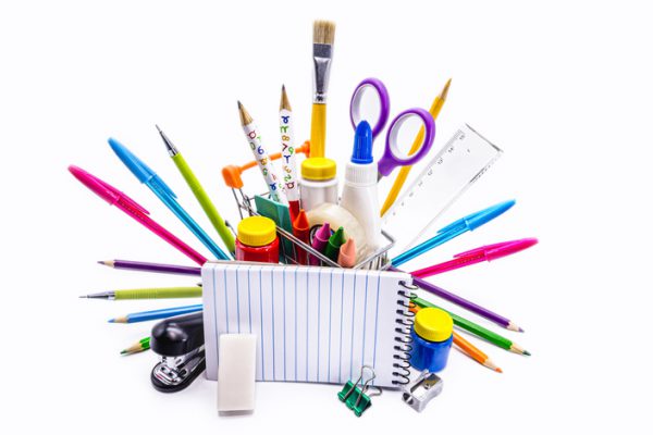 School supplies with shopping cart, and block with copy space, back to school school supplies list buy and sell concept